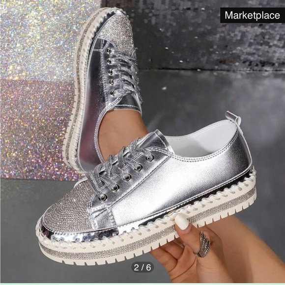 Metallic Silver Rhinestone Platform Sneakers with Espadrille Like Sole Size 8.5 - Picture 2 of 8